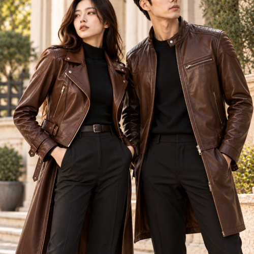 Chocolate Leather Duo by the Columns Leather Jackets