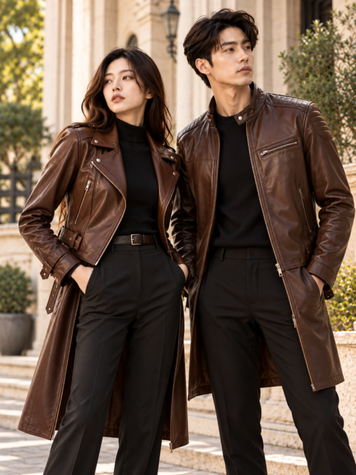 Chocolate Leather Duo by the Columns Leather Jackets