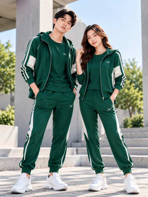 Couple in Coordinated Green Tracksuits (1) Tracksuits & Joggers