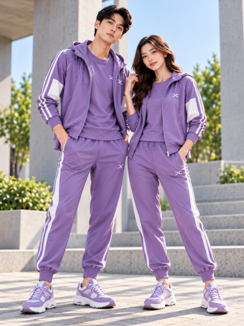 Lavender Athleisure Couple in Modern Courtyard Tracksuits & Joggers
