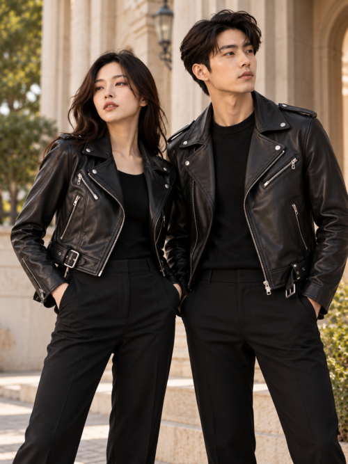 Leather Jacket Duo in a Courtyard Leather Jackets