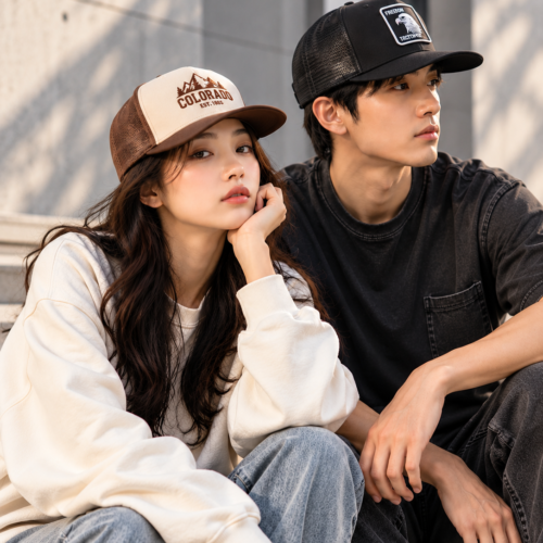 Urban Couple in Coordinated Trucker Caps Snapback & Trucker Caps